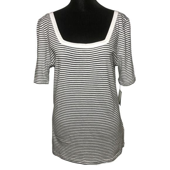 Susina White Pinstripe Square Neck Short Sleeve Striped T-Shirt - Size Small - Picture 2 of 10